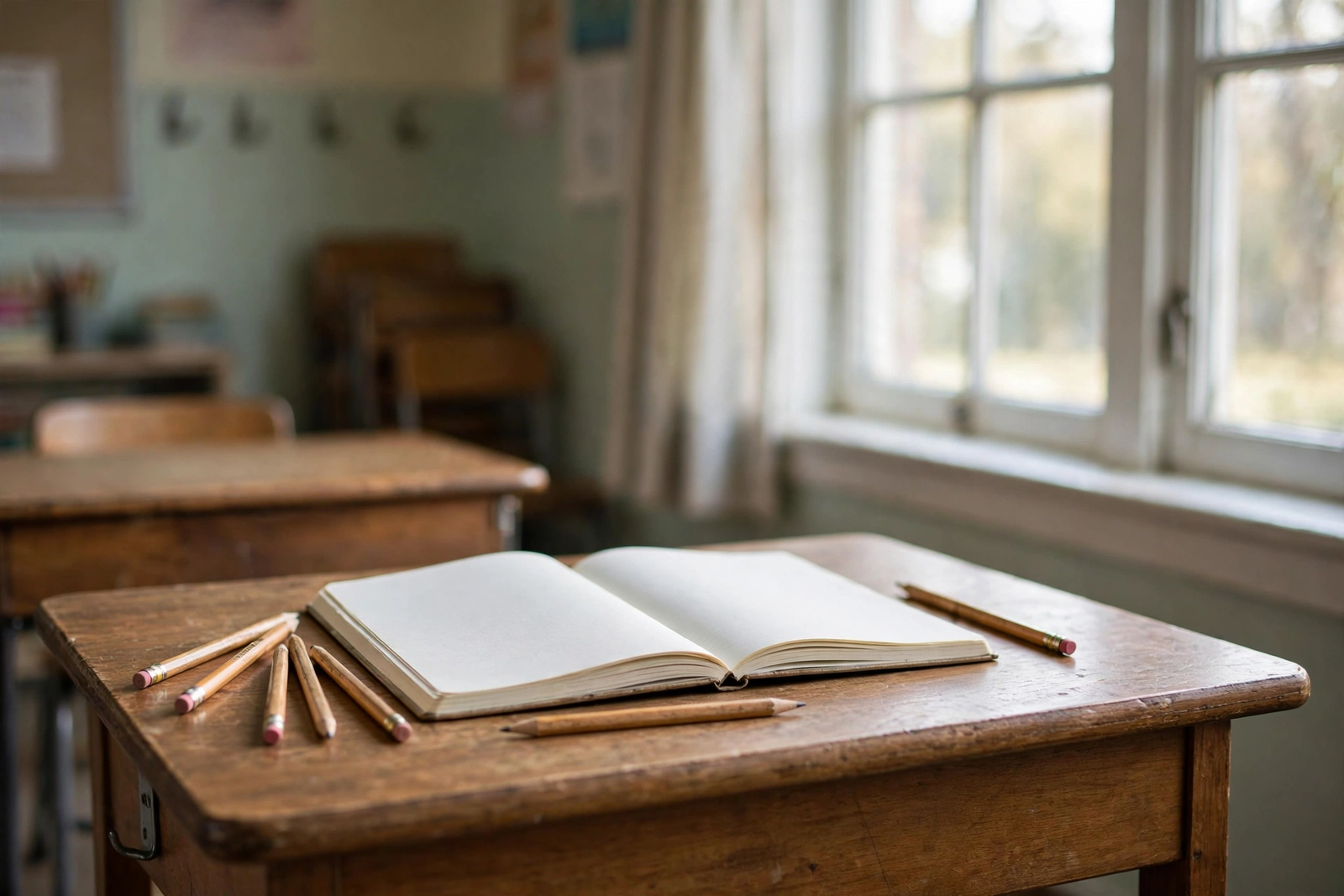 Open notebook and pencils on an empty classroom desk near a window