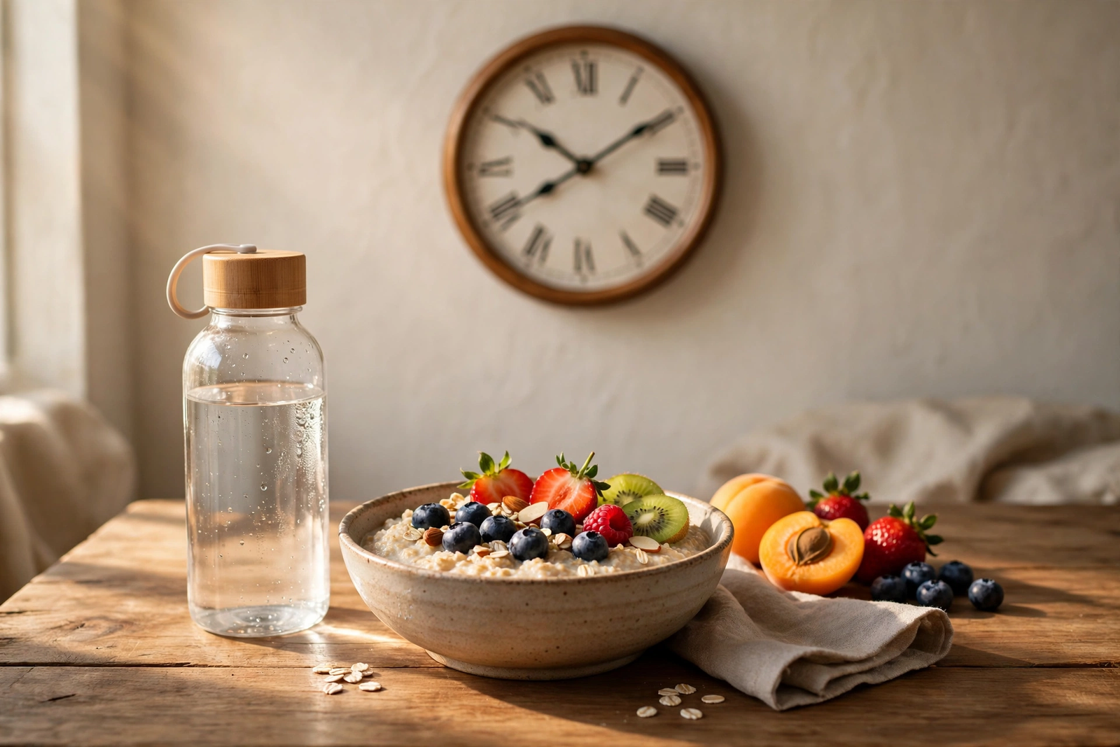 Clock, water bottle and oats bowl with fresh fruit showing a time-restricted eating window