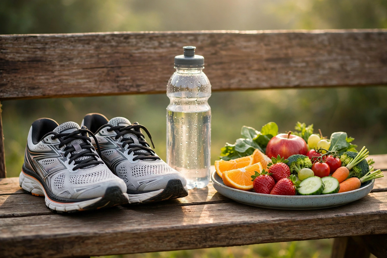 Running shoes, water bottle and fresh fruit and vegetables for exercise and fat loss