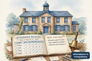 School building with an attendance register and bell illustrating the question of whether attendance is compulsory