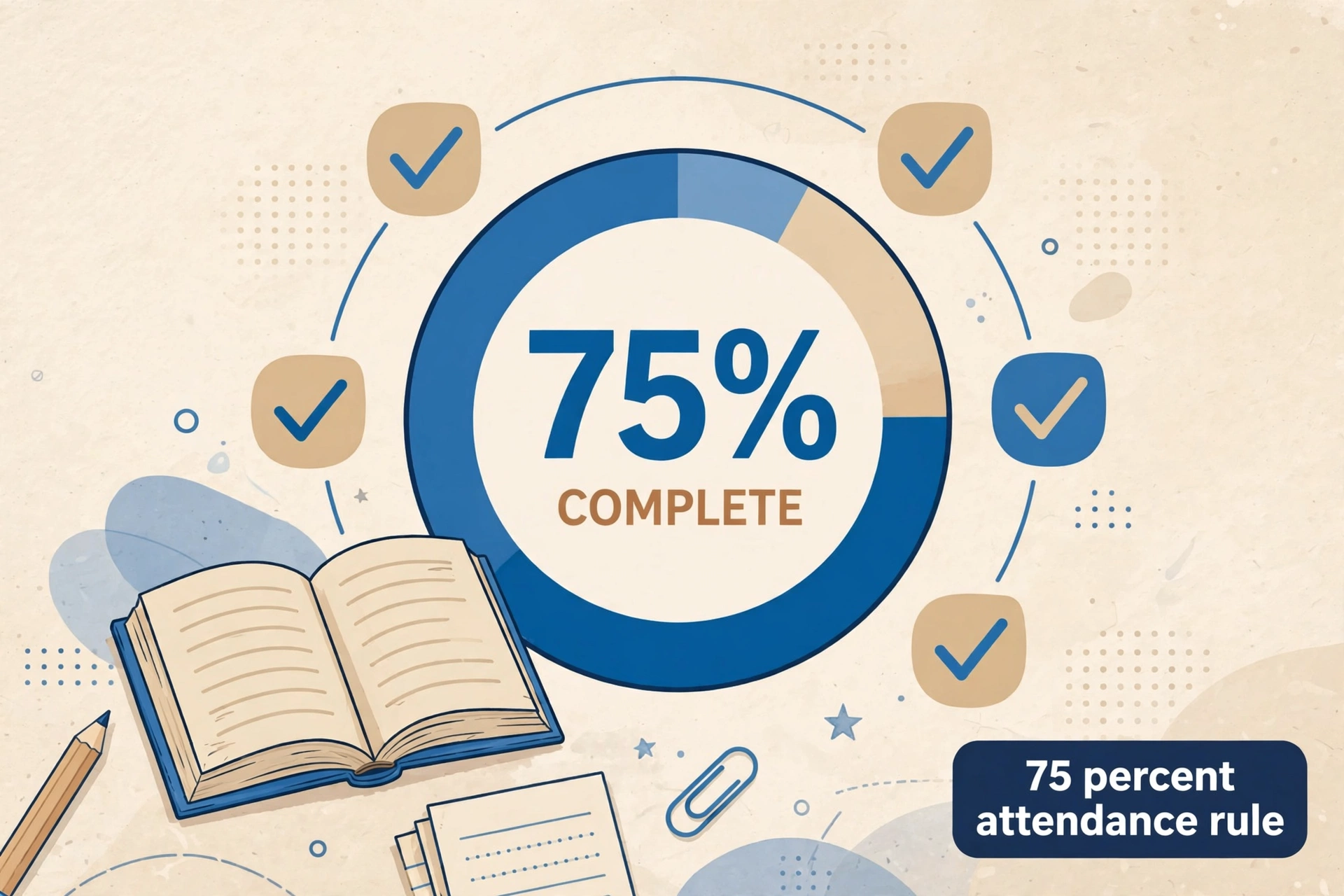 Circular gauge showing 75 percent complete with checkmarks, representing the 75 percent attendance rule