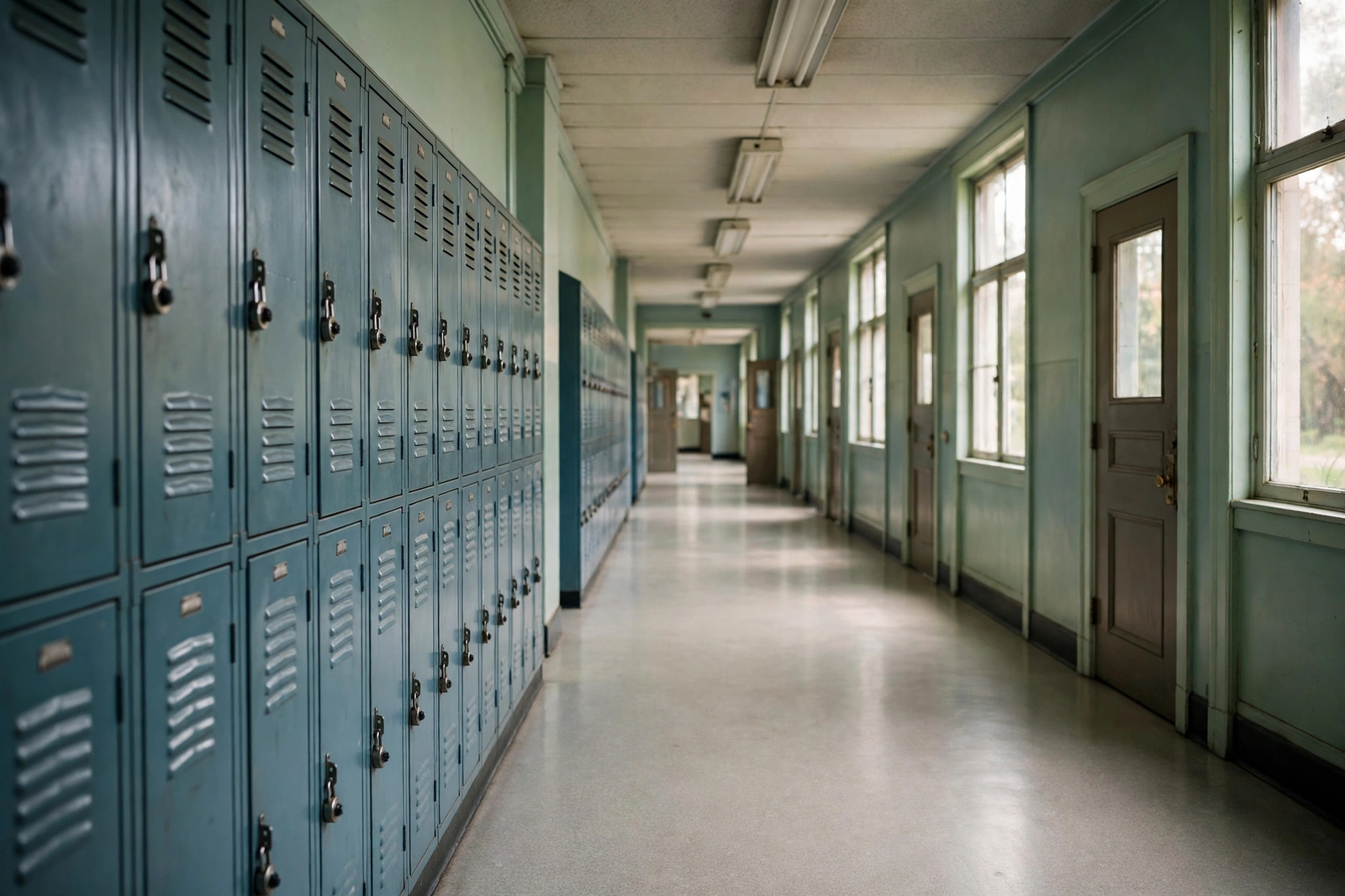 Empty school hallway with lockers, student attendance routines