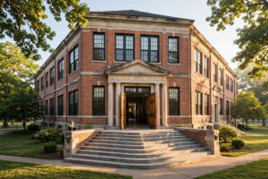 Historic brick school building at sunrise, reflecting Kalamazoo's chronic absence turnaround