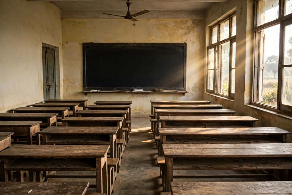 Empty classroom with desks and blackboard in a rural Karnataka school