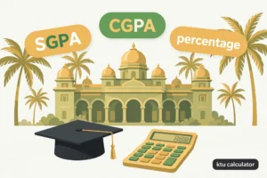 Featured illustration for the KTU calculator guide showing a Kerala university campus with graduation cap, calculator, and SGPA CGPA percentage badges