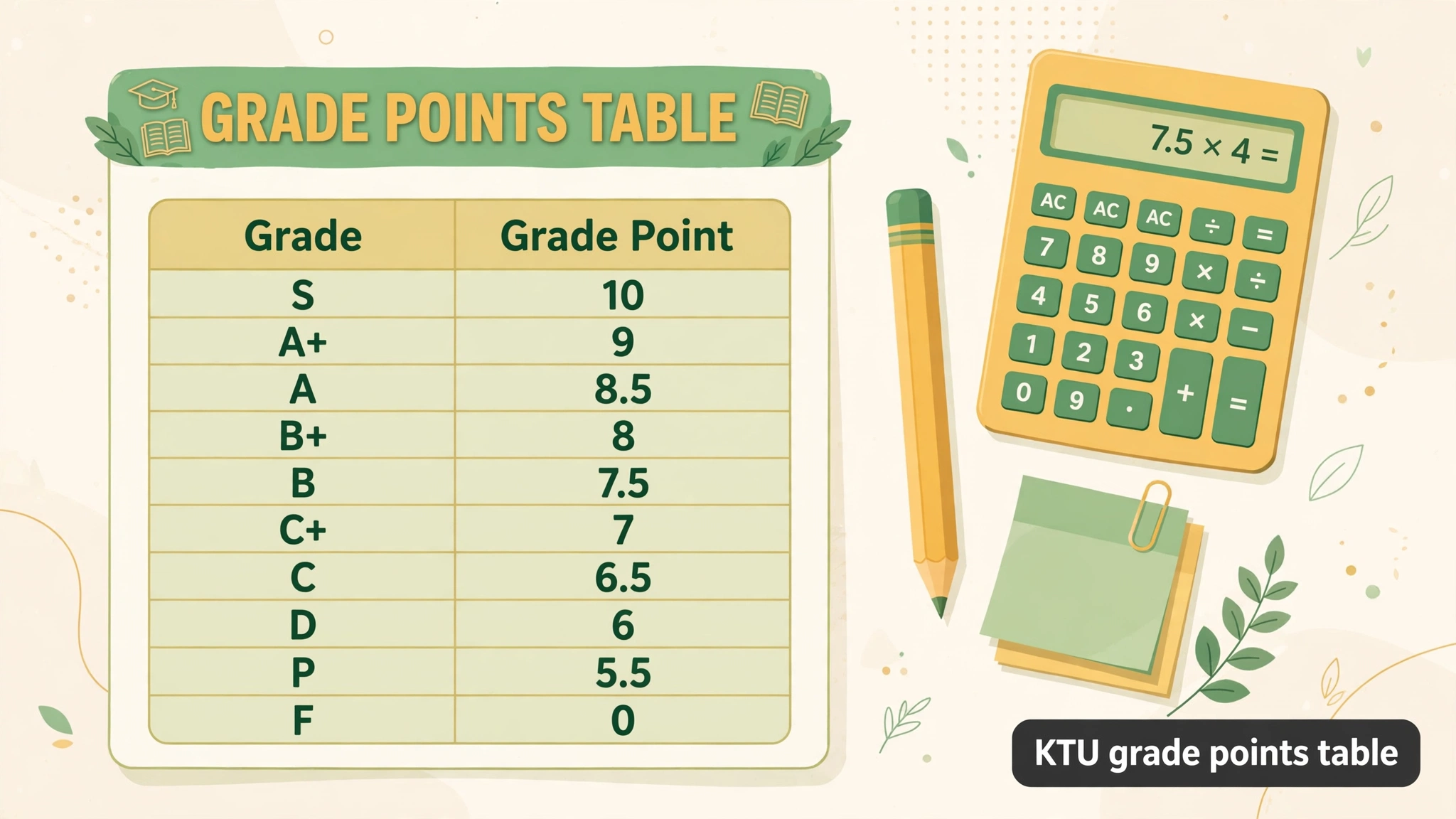 KTU grade points table showing S=10 through F=0 with a calculator and pencil