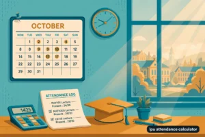 Flat vector illustration of an LPU attendance calculator theme with calendar, clock, attendance log and graduation cap