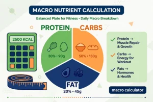 Macro calculator illustration showing a balanced plate split into protein, carbs and fat with a calorie calculator