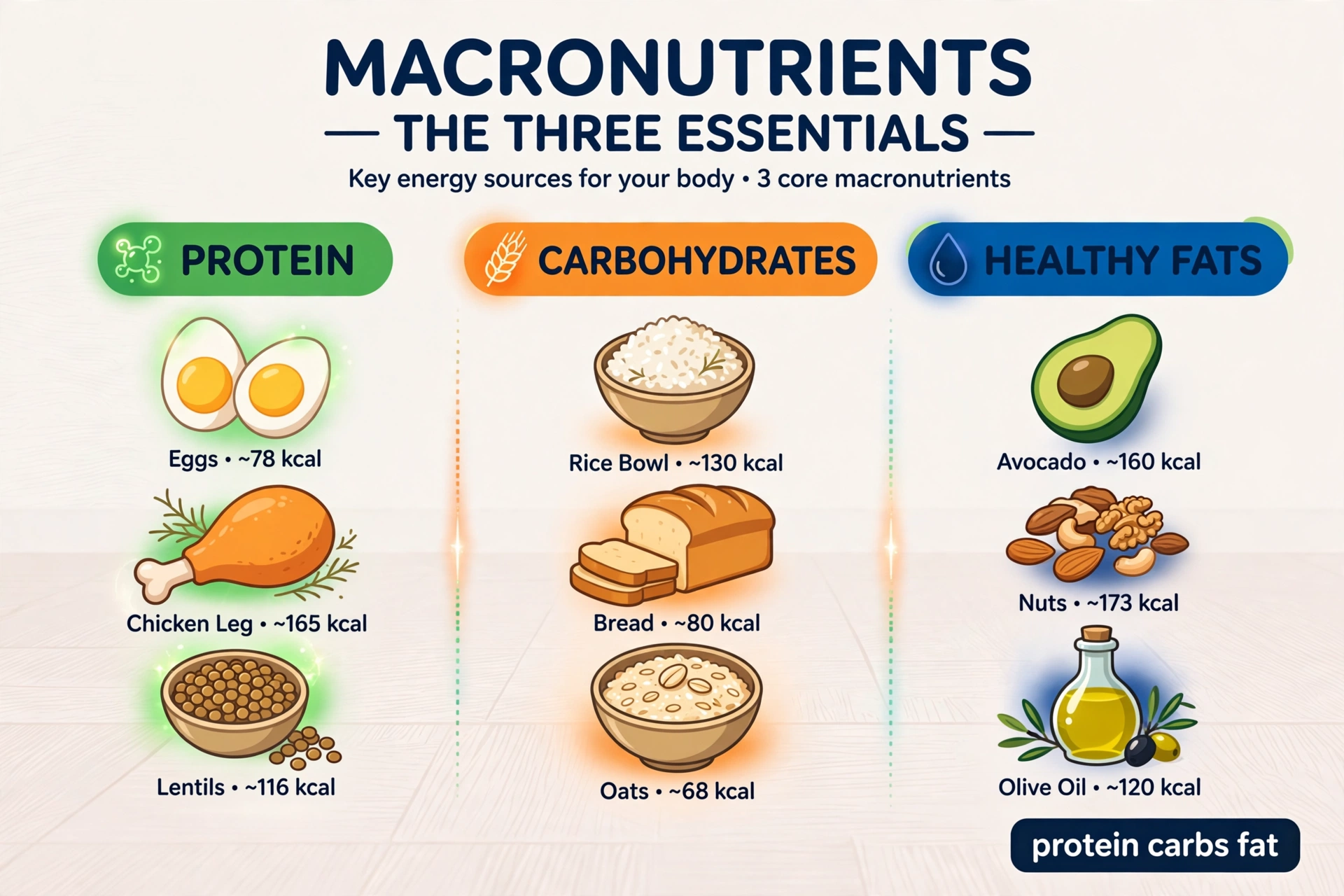 The three macronutrients — protein, carbohydrates and healthy fats — with example foods and calorie values