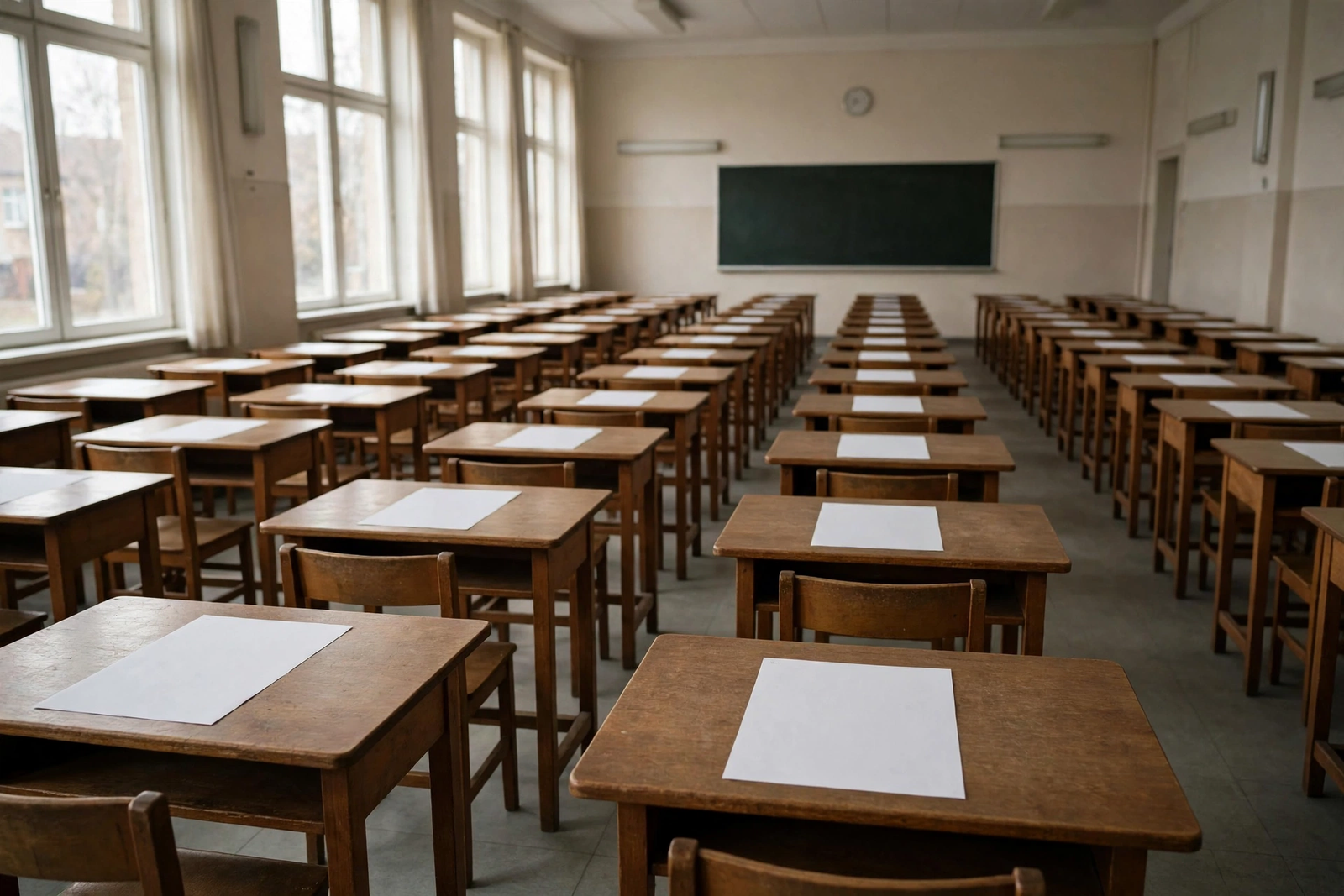 Empty examination hall with blank answer sheets laid out on wooden desks