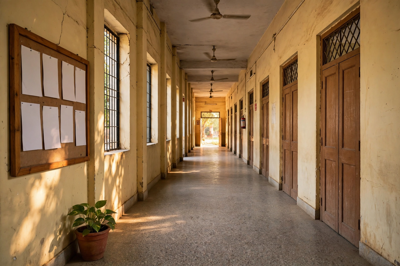 Quiet school corridor with a blank notice board where HSC results are displayed