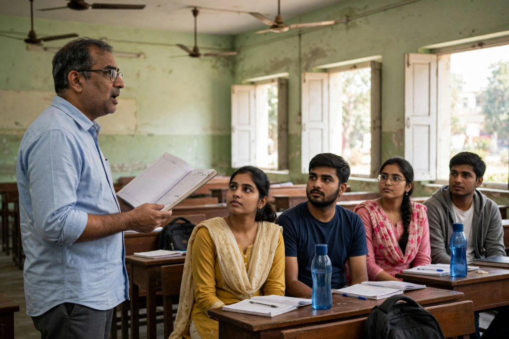 Professor marking attendance register in Delhi University college classroom