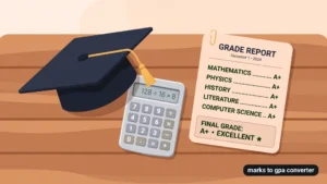 Illustration of a marks to GPA converter with a calculator, graduation cap, and grade report showing how marks convert to GPA
