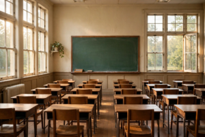 Empty Maryland school classroom with wooden desks in morning light