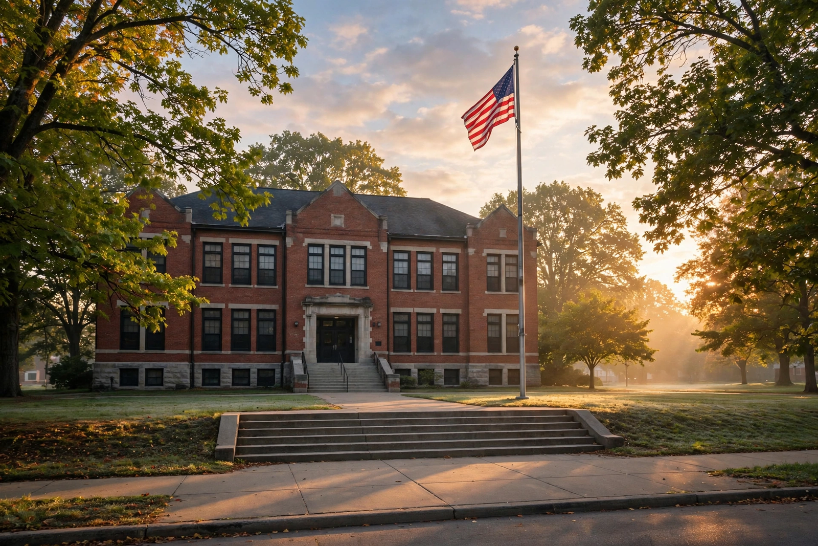 Brick public school building in Maryland at sunrise with flagpole
