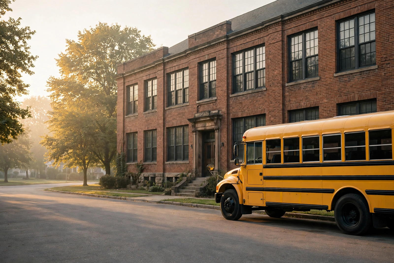 Yellow school bus parked outside a brick Maryland school in morning light