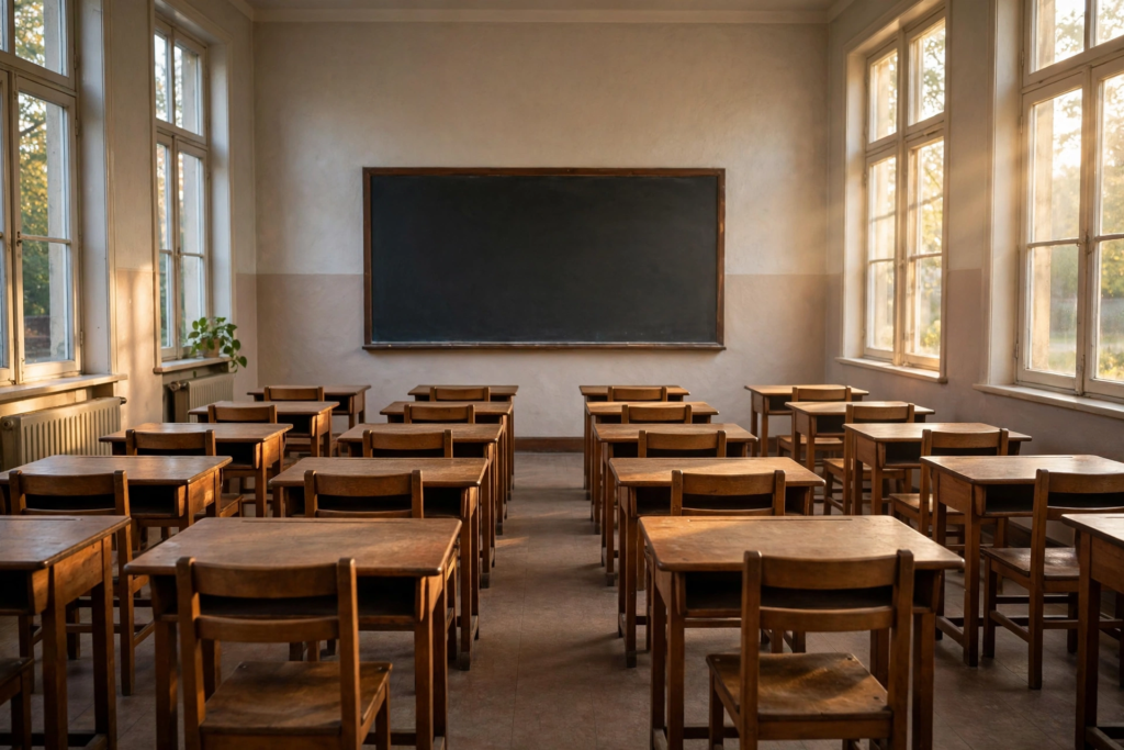 Empty classroom with rows of wooden desks facing a blank chalkboard in morning light