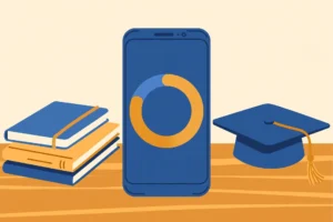 Illustration of a phone with a 75 percent attendance progress ring, books and graduation cap