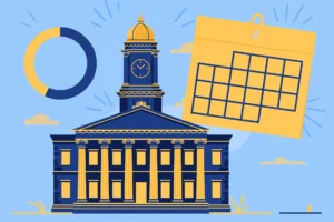 Illustration of a domed college building with clipboard for the 75 percent attendance rule guide