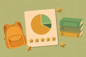 Illustration of a pie chart with backpack and books for student attendance percentage guide