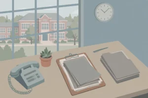 Illustration of a school building with a wall clock beside it for truancy officer daily duties