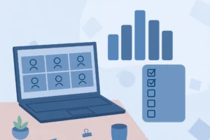 Illustration of a blue bar chart for the Zoom attendance reports guide