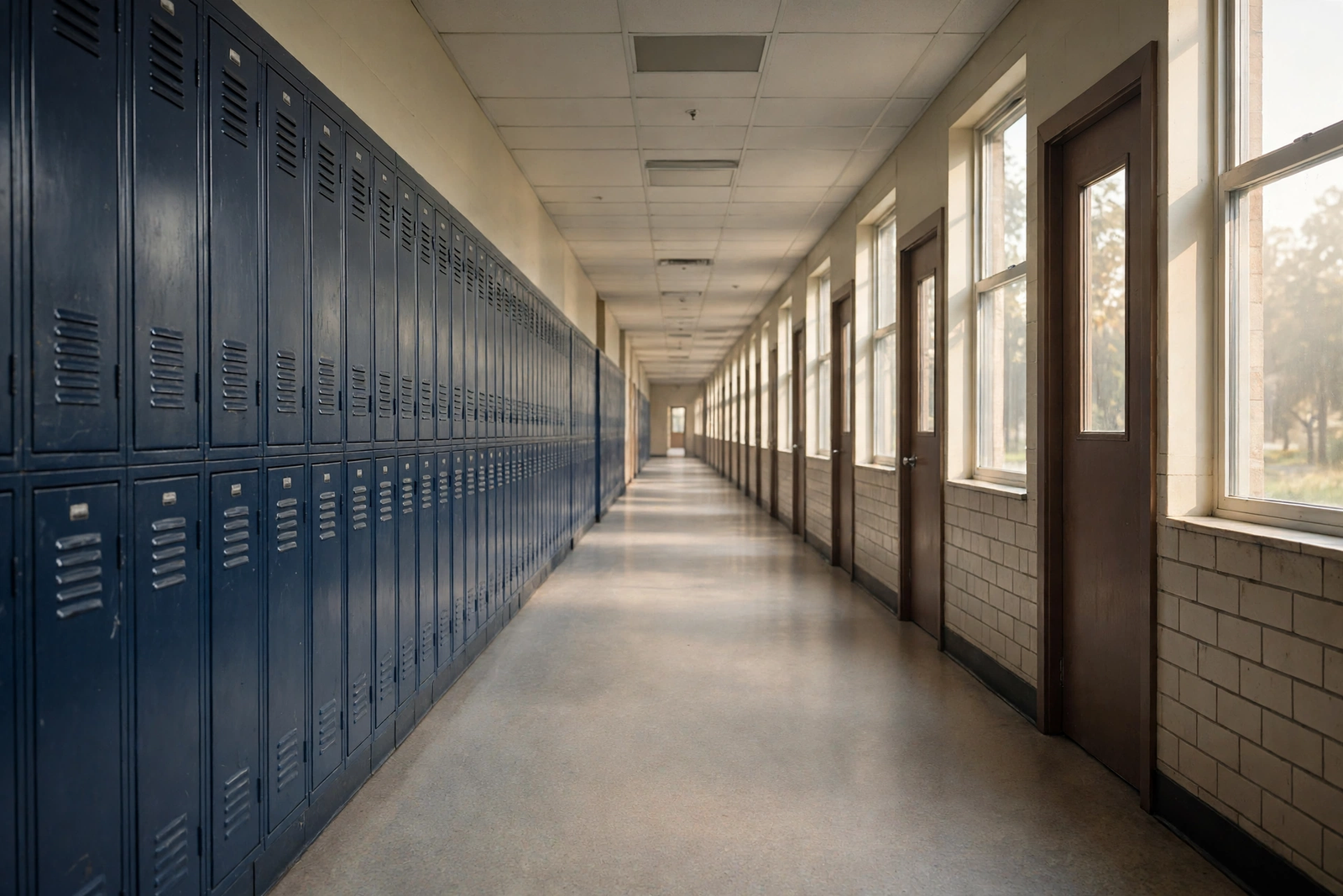 Empty school hallway with lockers showing students missing from Michigan classrooms