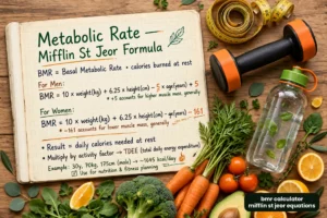 Notebook page showing the Mifflin St Jeor metabolic rate formula for men and women beside a dumbbell, measuring tape and healthy foods, badge reading bmr calculator mifflin st jeor equations