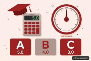 Featured illustration for the MIT GPA calculator guide showing a graduation cap, calculator, and 5.0 GPA gauge with grade cards