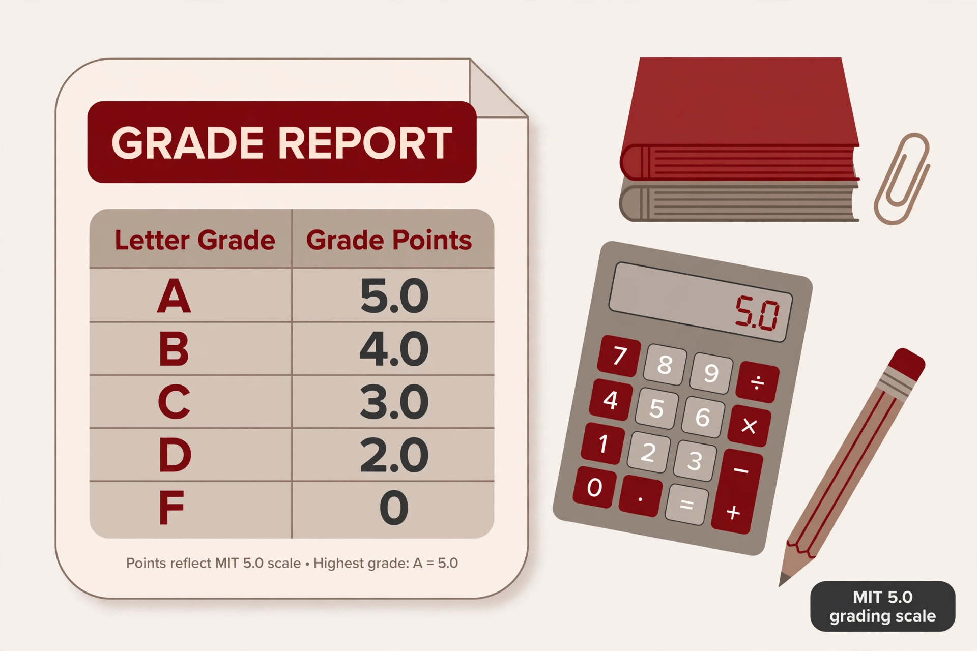 Grade report sheet showing the MIT 5.0 grading scale mapping A to 5.0, B to 4.0, C to 3.0, D to 2.0, and F to 0