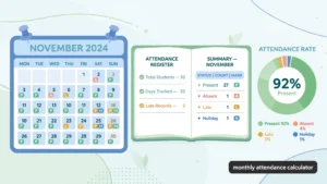 Featured illustration for the monthly attendance calculator guide showing a wall calendar with daily attendance marks, register, and attendance rate chart