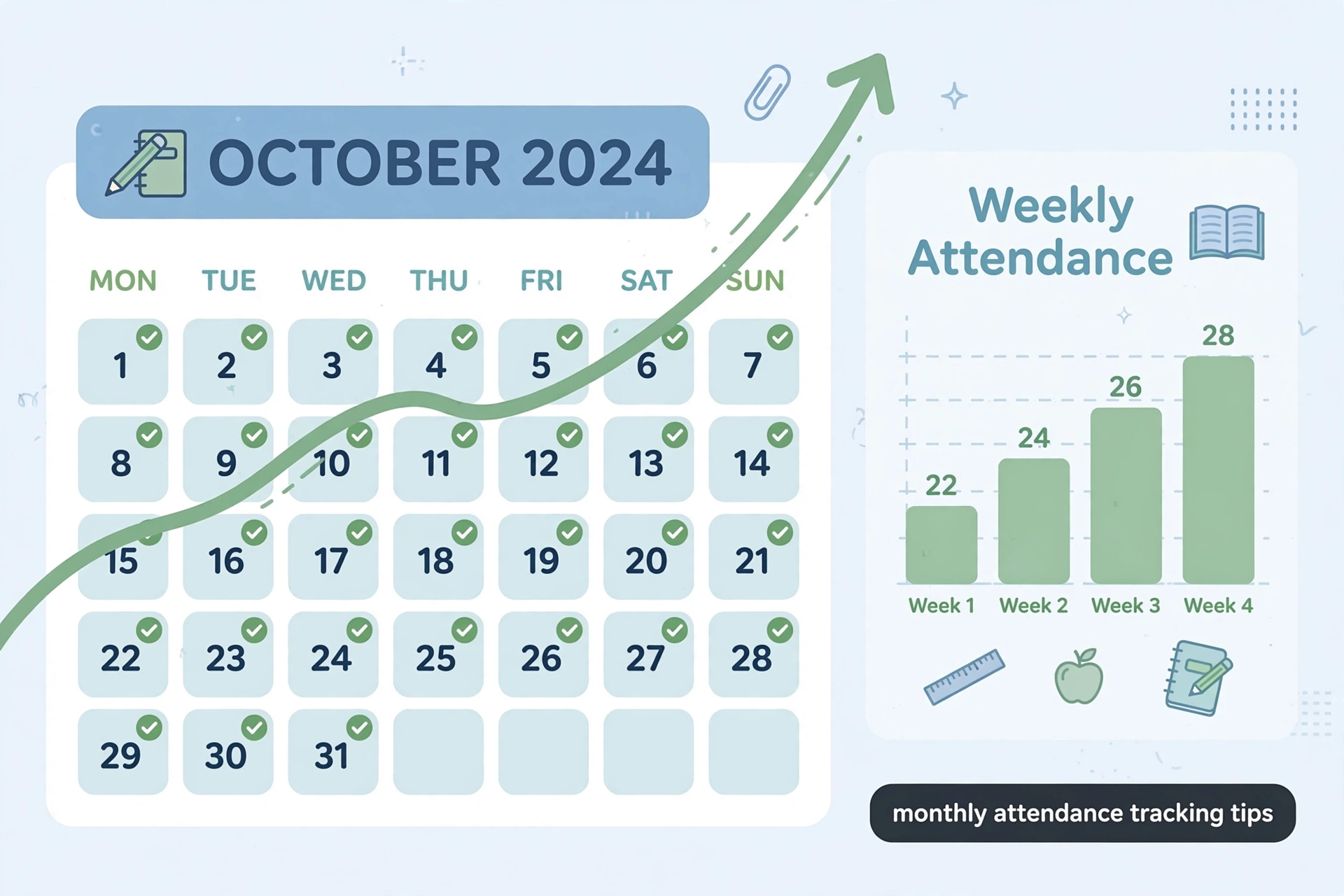 Monthly calendar with daily checkmarks and a rising attendance trend arrow with weekly bar chart