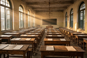 CBSE Class 12 examination hall with desks arranged for board exams in Madhya Pradesh