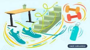 Fitness illustration with walking shoes, a standing desk, and staircase icons representing NEAT activity