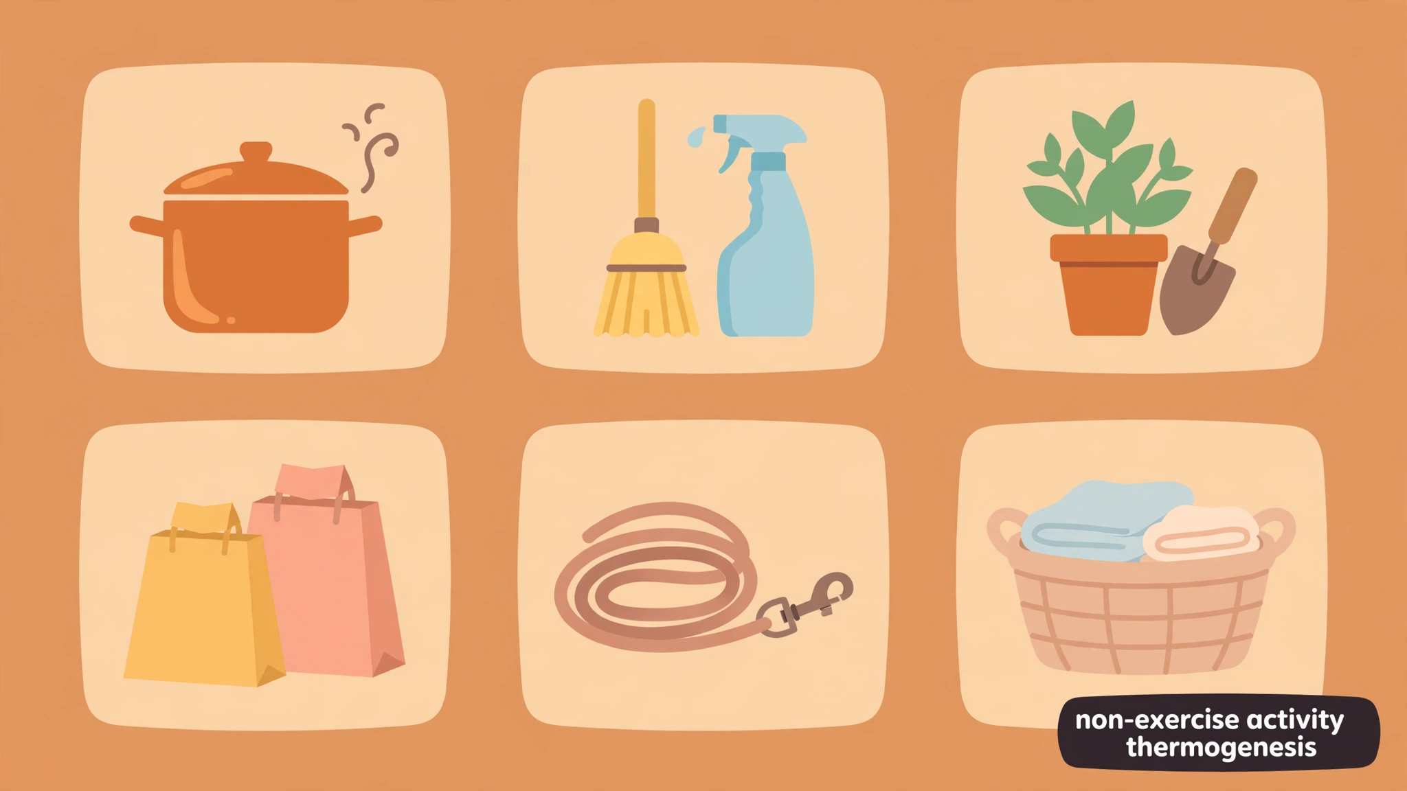 Daily activity icons like housework, gardening, and walking representing non-exercise activity thermogenesis