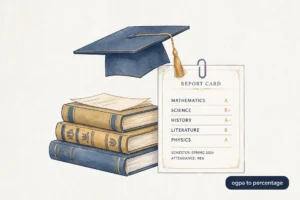 Academic illustration of a graduation cap, report card and books for OGPA to percentage conversion