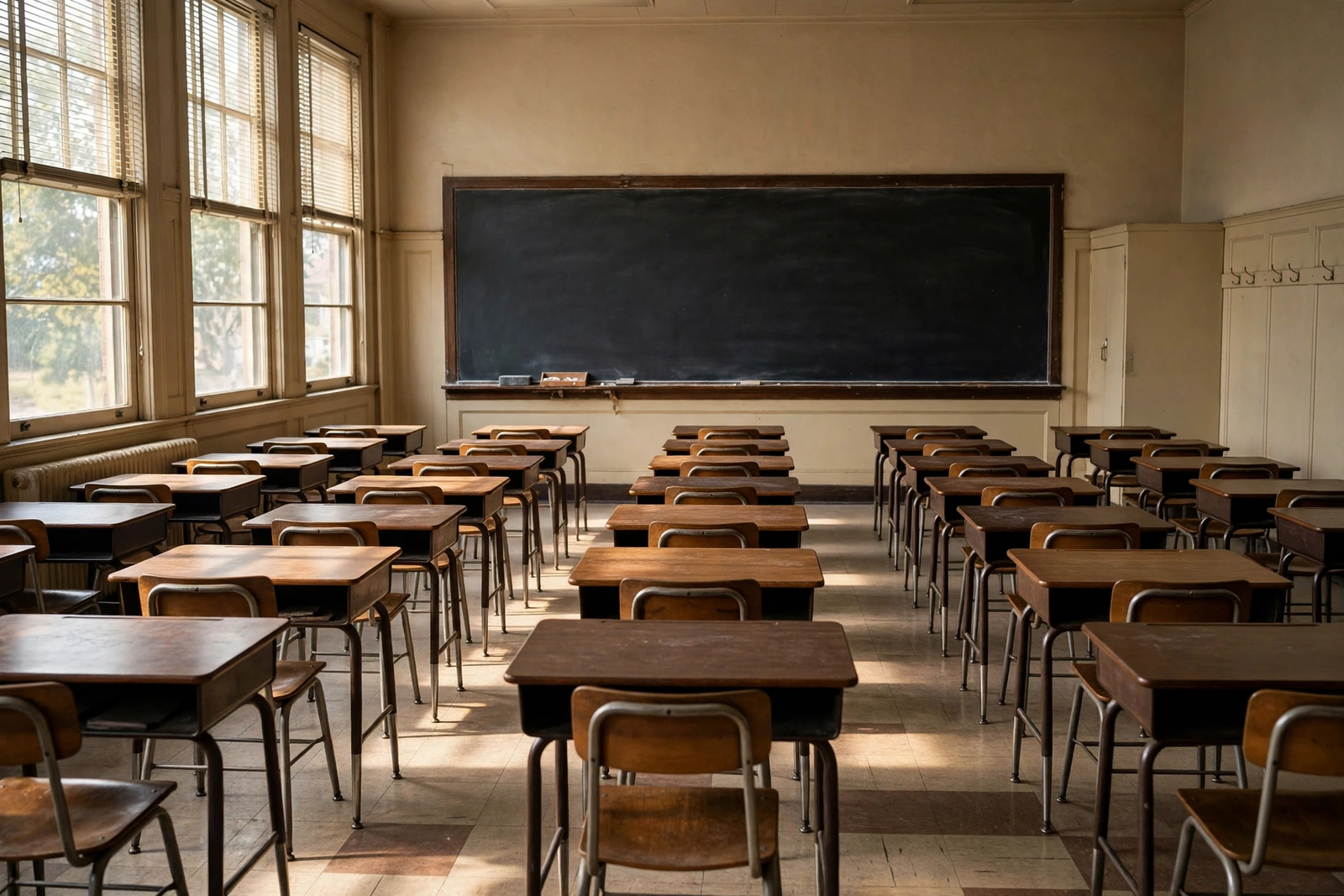 Empty American school classroom desks for Oklahoma chronic absenteeism change