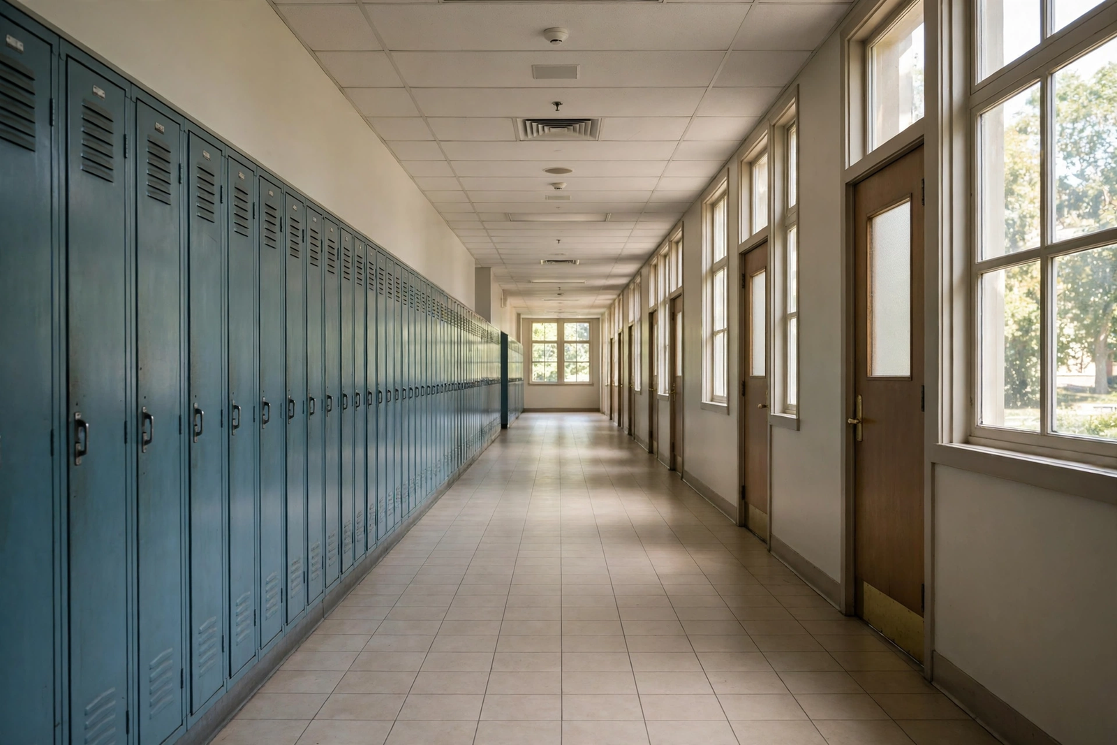 Empty school hallway with lockers for Oklahoma instructional time measure