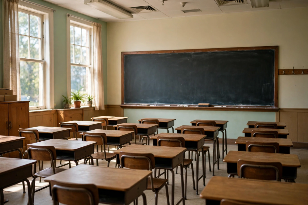 Empty classroom with wooden desks facing a chalkboard, showing learning time lost to chronic student absence