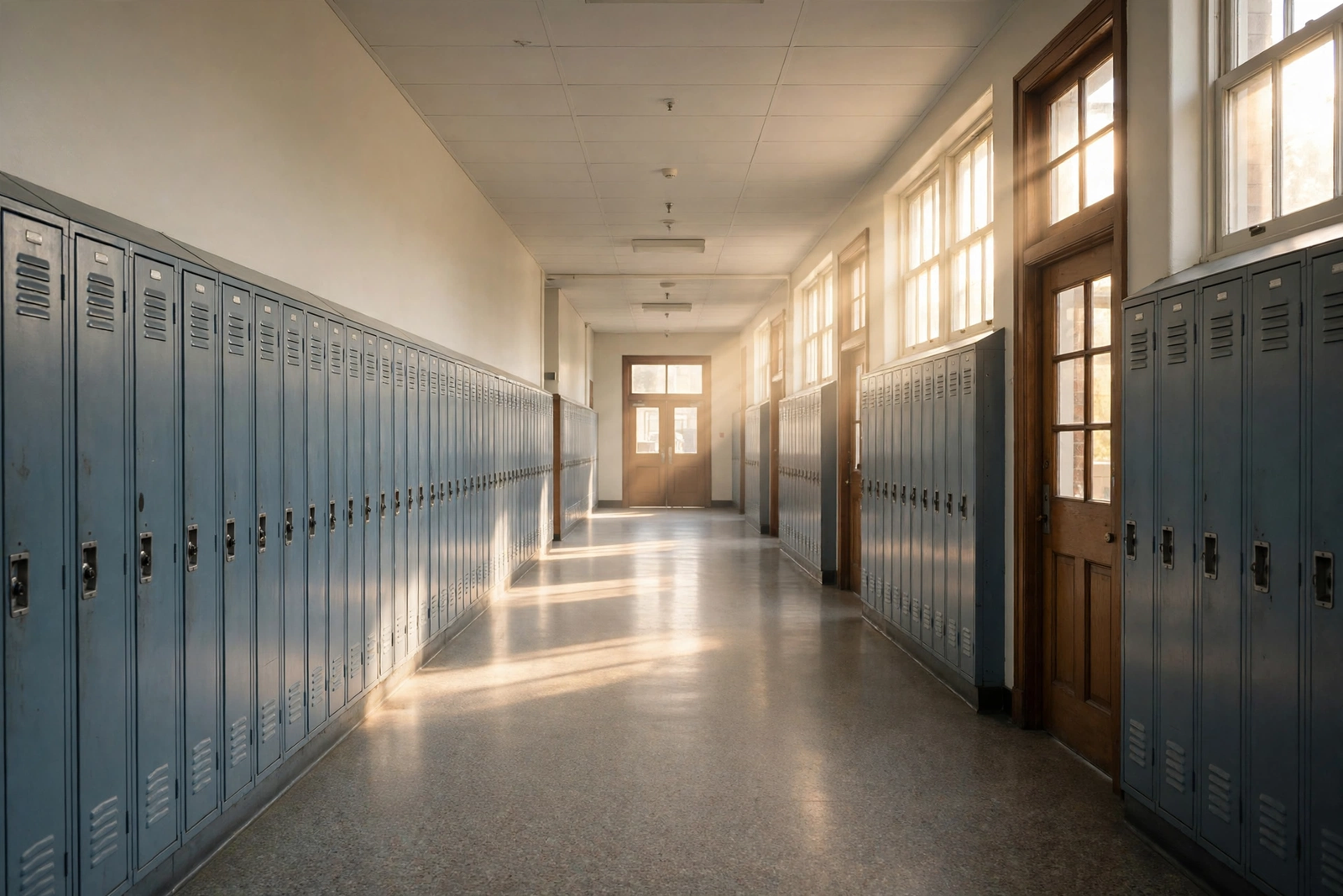 Empty school hallway with lockers and classroom doors in morning light