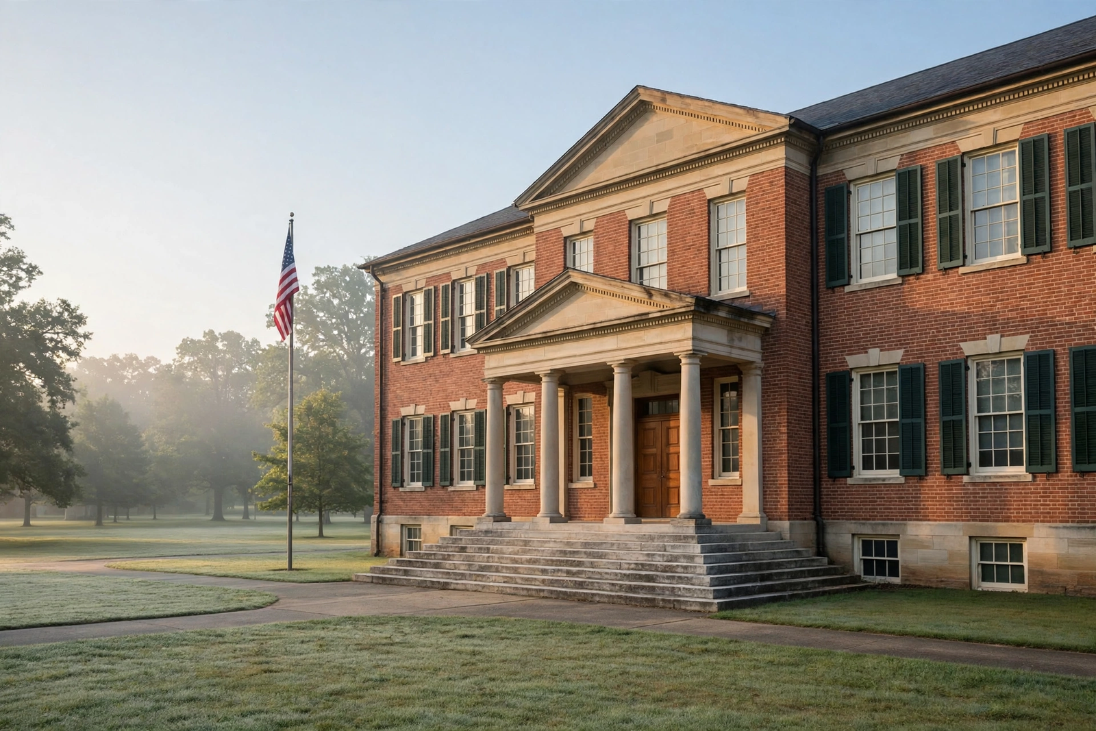 School building exterior with front steps in soft morning light