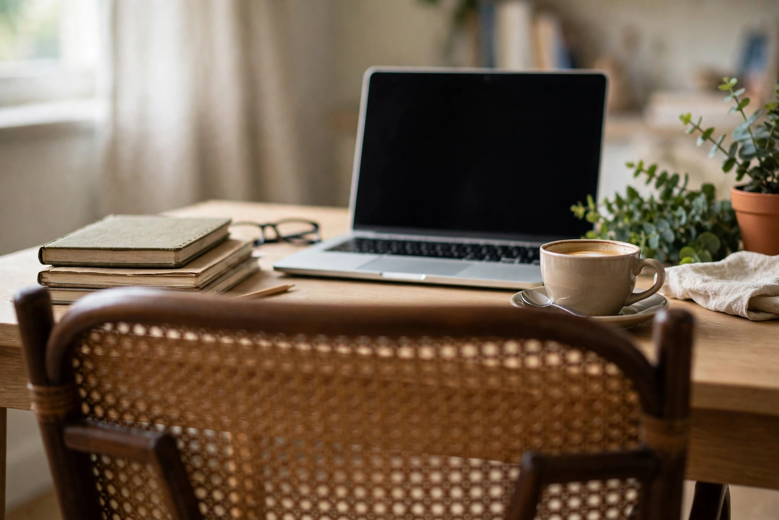 Open laptop on a study desk with notebooks for online college classes