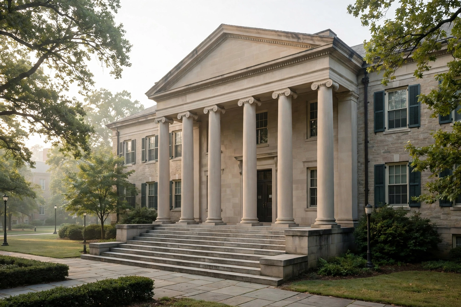 Historic university building with columns on a quiet campus in morning light