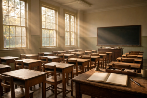Empty classroom desks with an attendance register on the teacher's desk in morning light