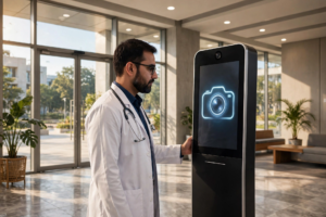Doctor marking Aadhaar based attendance at a facial recognition kiosk in a medical college lobby
