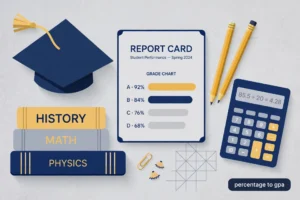 Graduation cap, report card with grade chart, pencils and calculator illustrating percentage to gpa conversion