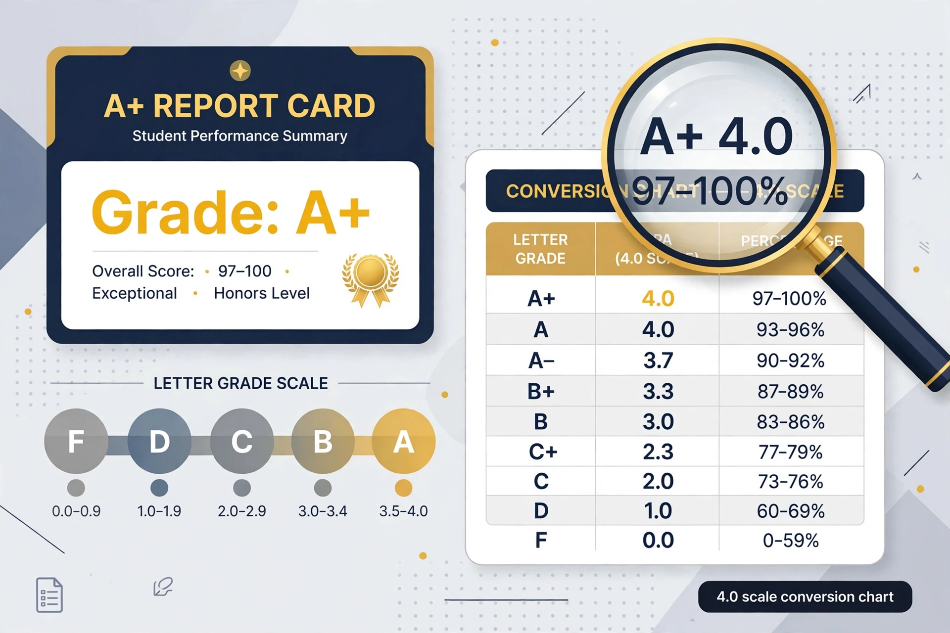 A+ report card with a magnifying glass over a 4.0 scale conversion chart