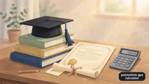 Graduation cap on textbooks beside a calculator and diploma certificate, badge reads polytechnic gpa calculator