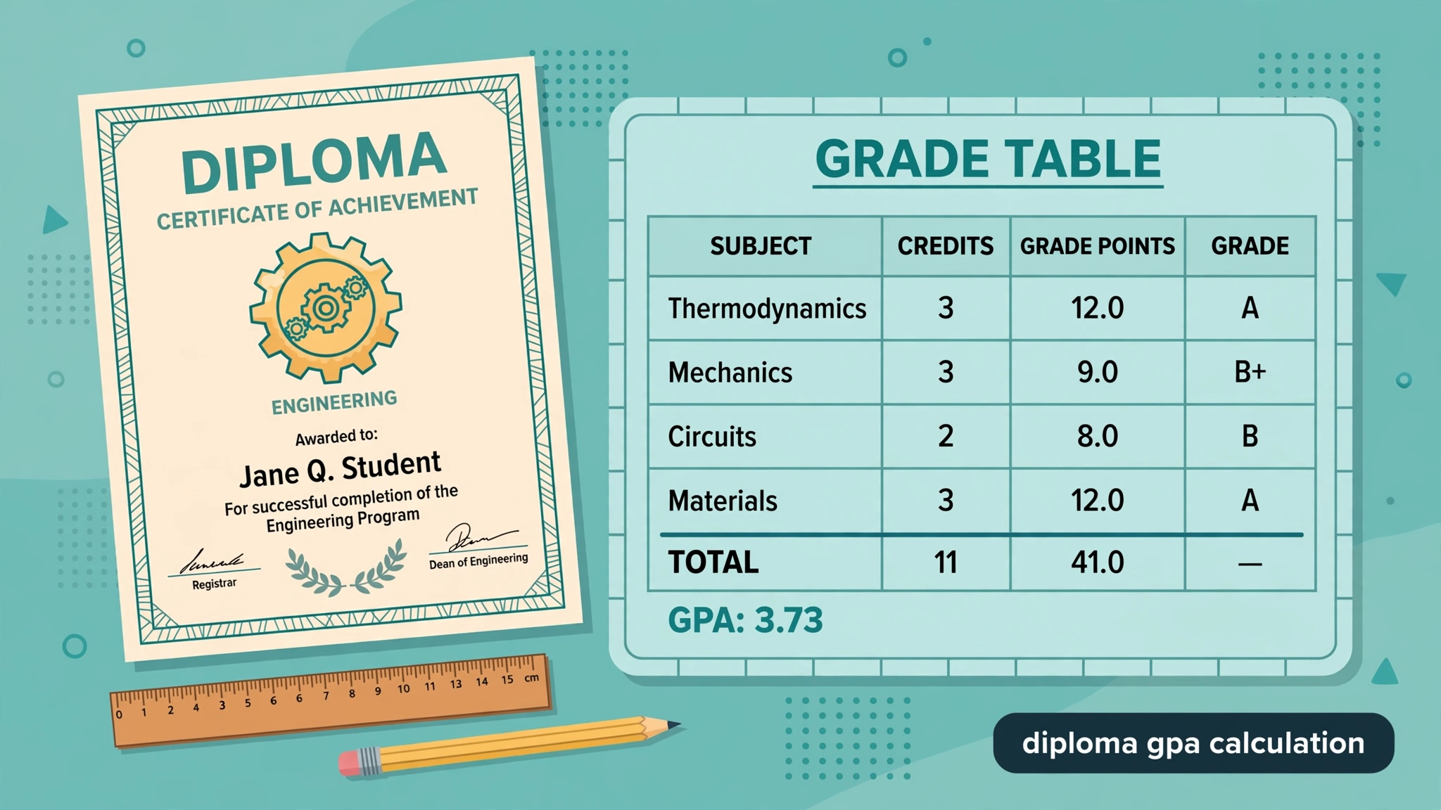 Diploma certificate with engineering emblem beside a grade table showing subjects, credits and grade points