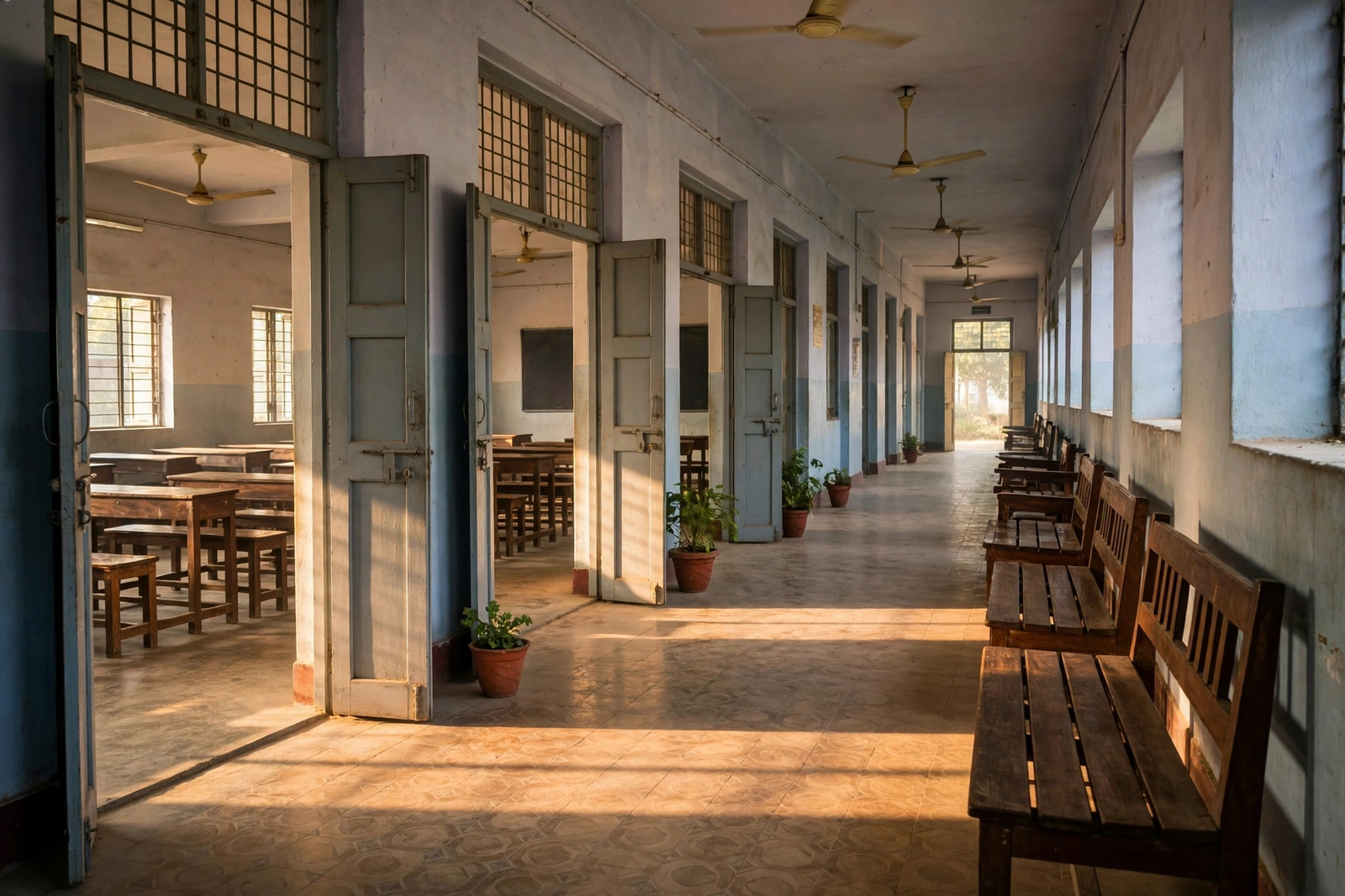 Quiet school corridor in Punjab with open classroom doors in morning sunlight